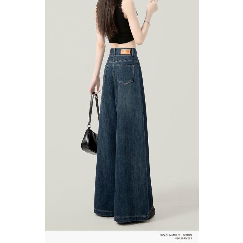 2025 Dark Blue High Waist Wide Leg Jeans Women's Summer Versatile Slimming Fall Clothes Loose Straight Pants Spring and Autumn