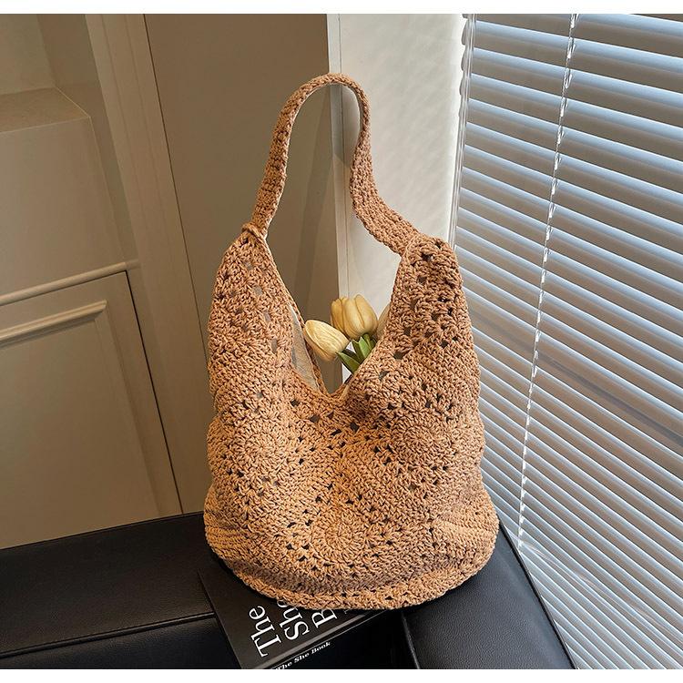 Large Capacity Woven Bag New Hook Flower Shoulder Bag Hollow Cotton Thread Beach Bag Vacation Tote Bag