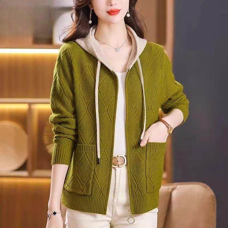 Women's Sweater Knitted Cardigan Stylish Color Blocked Short Hooded Sweater Zipper Sweater Jacket