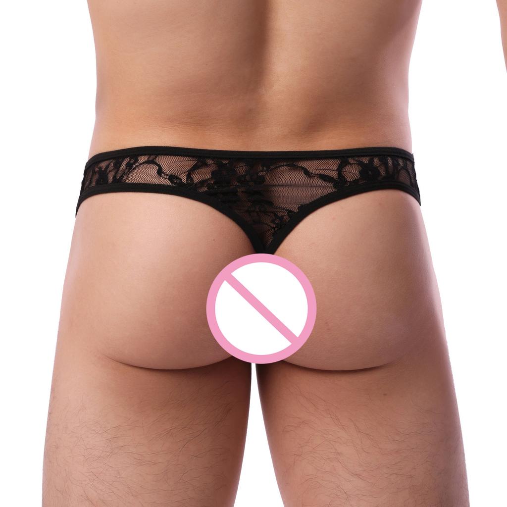 Man Lace Underwear Bikini Men's Thong Sissy Panties Sexy Tanga Underpants G String Penis Pouch Black Bow Tie Lingerie T-back