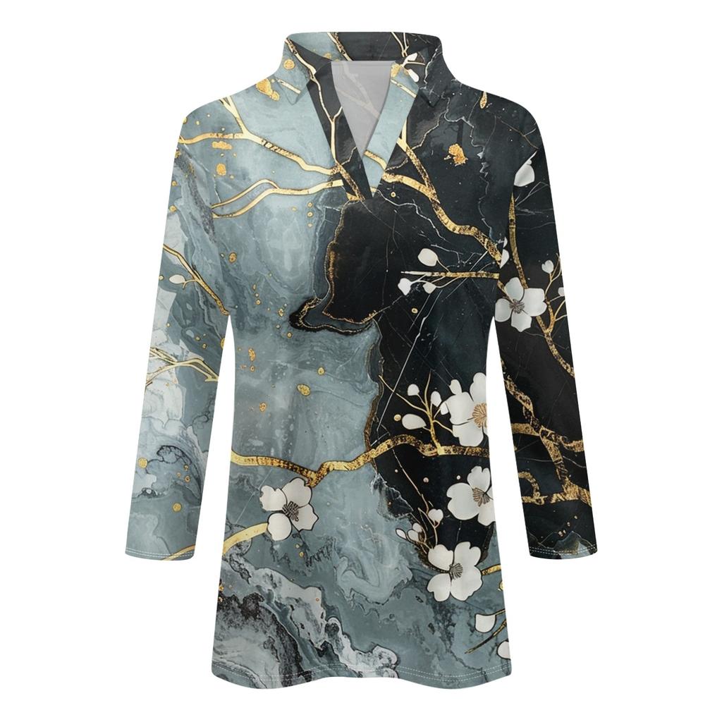 Women's Summer Fashion Casual Print V-Neck Three Quarter Sleeve Shirt Top