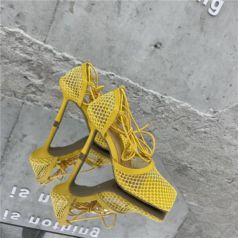 Fashion Sexy Mesh Pumps Sandals Female Square Toe High Heel Lace Up Cross-Tied Stiletto Hollow Dress Shoes