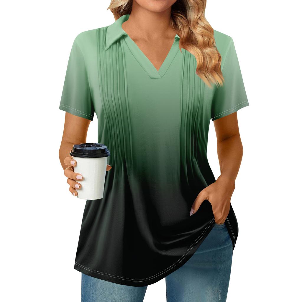 Womens Short Sleeve T Shirts Pleated V Neck Printing Tee Collared Summer Tops Fashion Business Casual Work