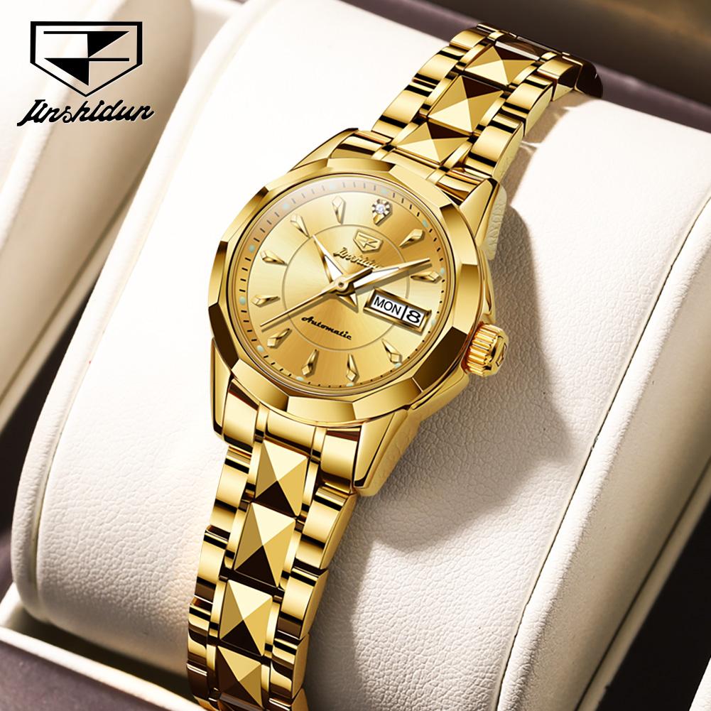 JINSHIDUN New Business and Leisure Ladies Watch Fully Automatic Mechanical Watch Tungsten Steel Double Calendar Luminous Waterproof High-end Watch