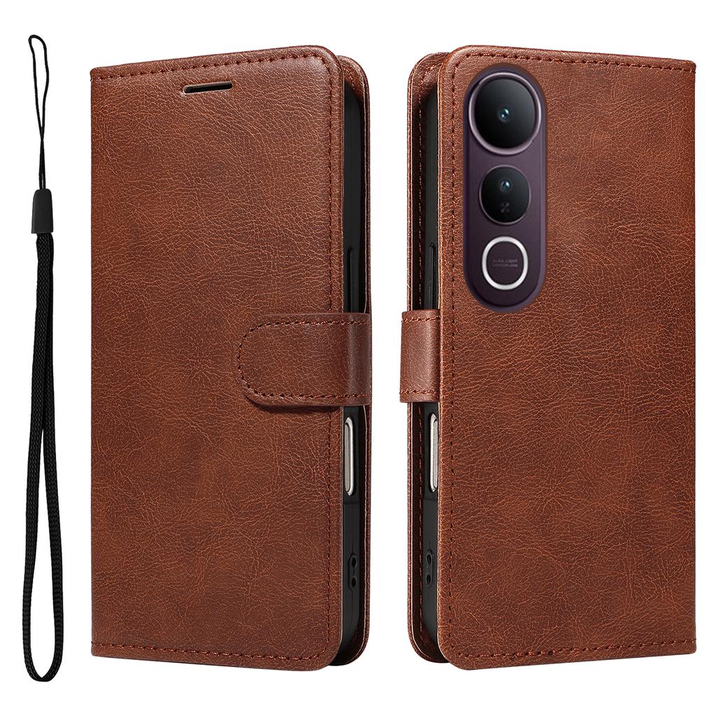 For Vivo V50 Lite 5G Leather Wallet Case with Strap Solid Color Phone Stand Cover