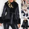 Open Stitch Belt Pockets Long Sleeve Jacket Coat Women Autumn Winter Plush Trim Faux Leather Outerwear