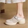 6Cm Design Feeling Thick Bottom Woven Bag Head Half Slippers Round Head Hollowed Out Outside Wearing High Heels Sandals Women