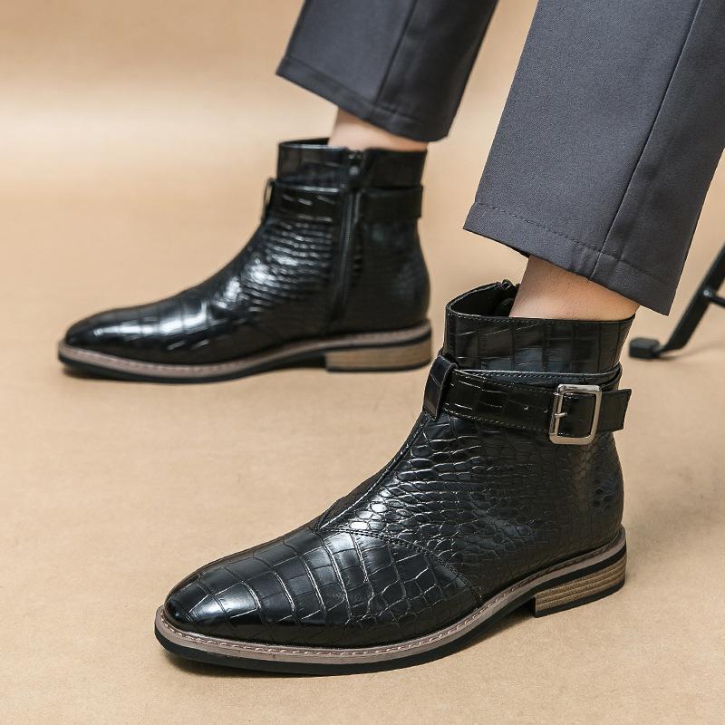 Men's Ankle Boots Fashion Pointed Leather Boots Designer Crocodile Pattern High-top Boots for Men Casual Business Dress Booties