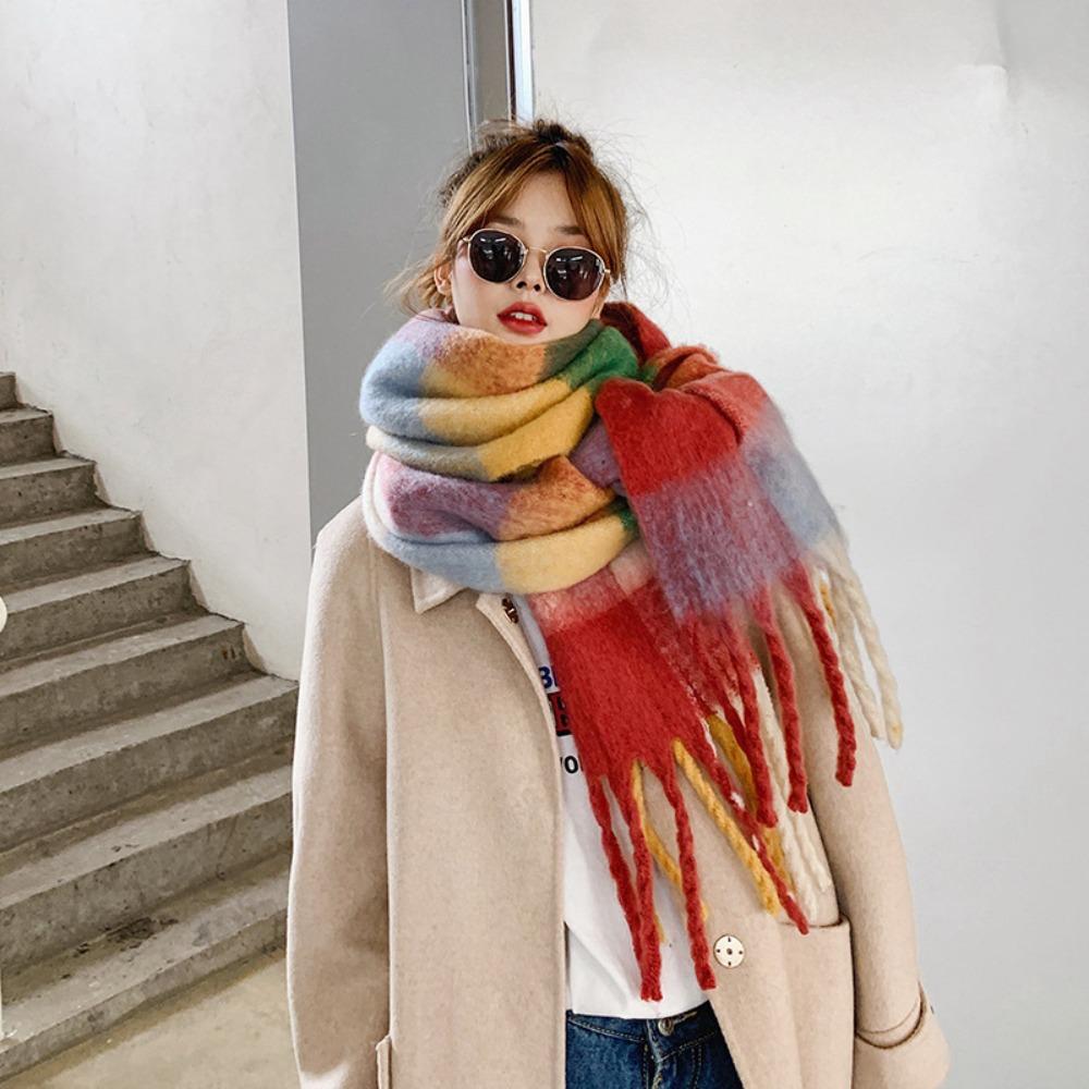 Versatile Four Color Cashmere Scarf Long Tassel Rainbow Winter Plaid Shawl Gradient Tie Dye Scarf