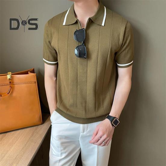 Men Summer Shirt Thin Knitted Short Sleeve Zippered Lapel Top Stretchy Hem Striped Solid Color Loose Shirt for Commuting Travel Outdoor