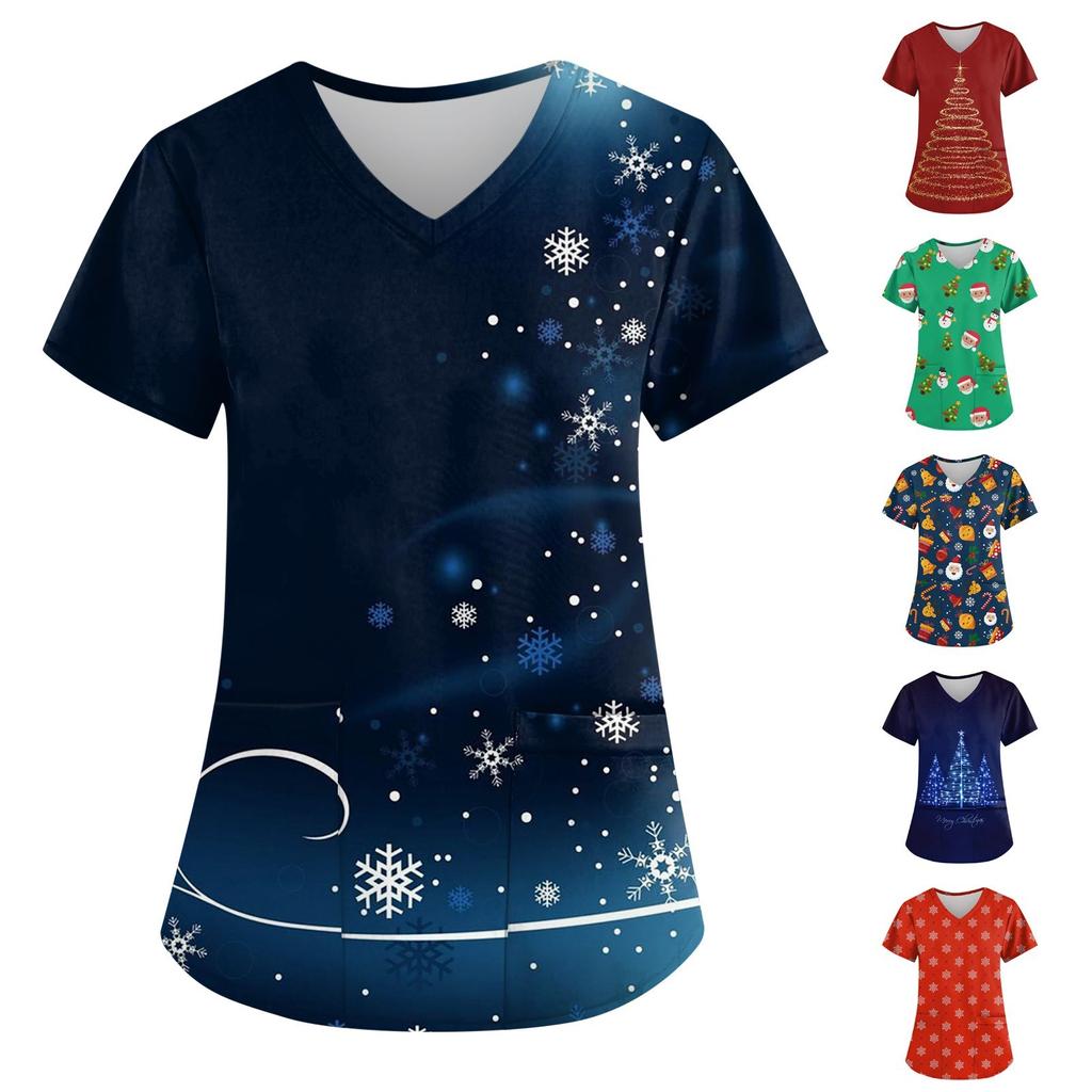 Women's Fashion Christmas Printed Short Sleeve V-Neck Top Small Pocket Work T-Shirt
