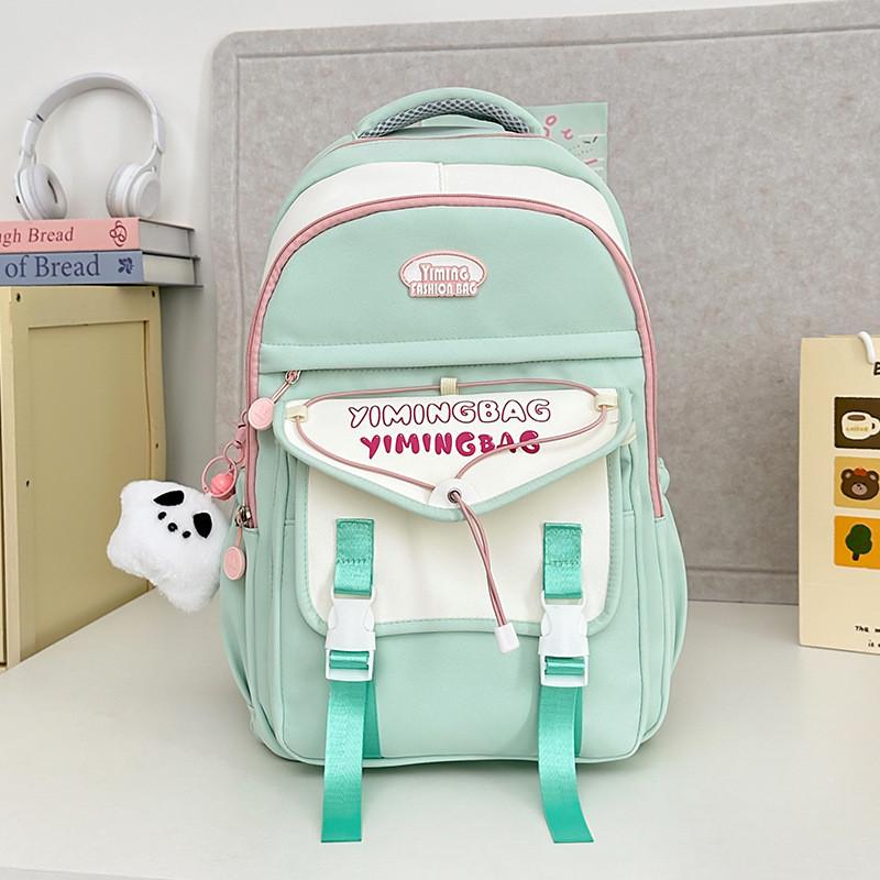 Color Cute Blocked Letter Printed Student Leisure Backpack With Pendant Plush
