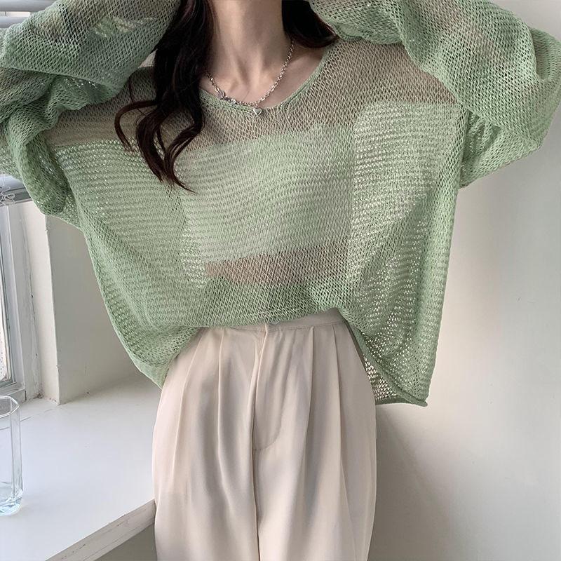 Long Sleeves Hollow Out Sweater Irregular Thin Design Women's Sun Protection Knitted Top V Neck Long Sleeves Loose and Lazy