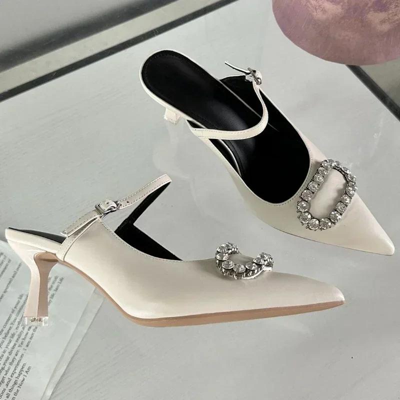 Fashion Luxury Rhinestone Buckle Mules Sandals Women Pointed Elegant High Heel Slingback Shoes Fashion Designer Slippers Female Pumps