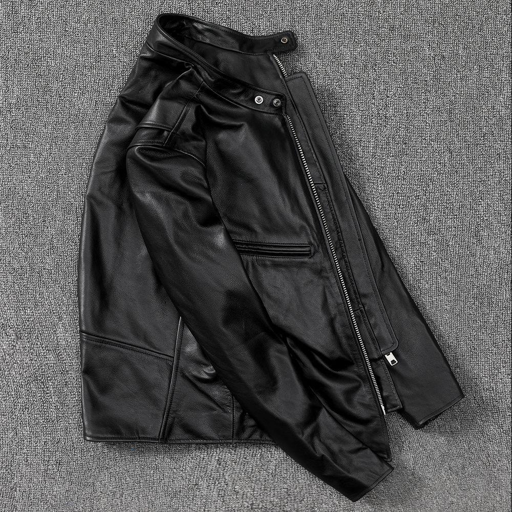 Young Motorcycle Stand-up Collar Leather Jacket, Pure Top Layer Cowhide Genuine Leather Leather Jacket, Men, Short Slim and Fashionable Jacket
