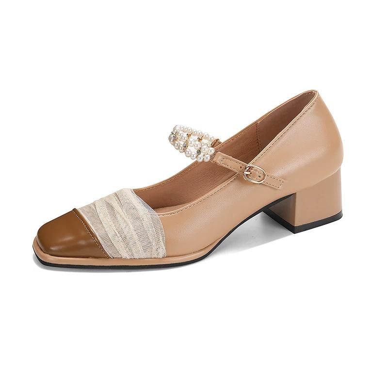 Fashion Elegant Mary Janes Shoes New Designer Square Toe Lace Pearls Buckle Strap Shallow Mid Thick Heeled Pumps Women