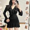 Spring French Elegant Black Y2k Mini Dress Caual Long Sleeve Short Party Dress Office Lady Slim Pure Color Dress Woman Chic
