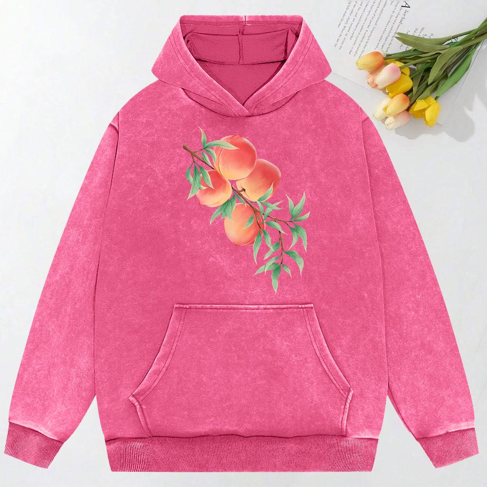 Fresh Peaches On Branches Print Washed Hoodie Female Autumn Trendy Sweatshirt Vintage Loose Hoodies Street Cotton