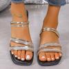 Fashion Women Summer Rhinestone Flat Sandals 2024 New Fashion Gold Square Toe Casual Slippers Woman Outdoor Non Slip Beach Slides Shoes