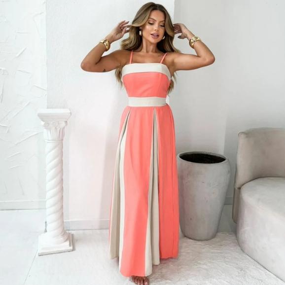 Summer Women's Elegant Style Fashion Color Contrast High-waisted Halter Dress