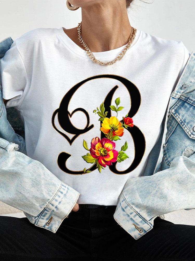 Custom Name Letter Combination Tops Fashion Women T-Shirt Rose Flower Heart Letter Font A B C D Short Sleeve Tees Black T-Shirt