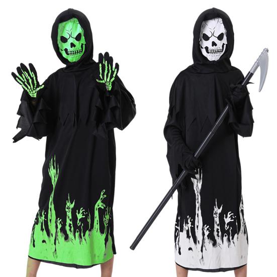 Halloween Grim Reaper Costume for Kids Glow-in-the-Dark Cosplay Outfit with Scythe for Halloween Parties Dress-Up