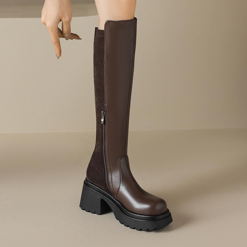 Krazing Pot Microfiber Autumn Winter Shoes Patch Work Platform Boots Round Toe Keep Warm Thick Bottom Thigh High Boots