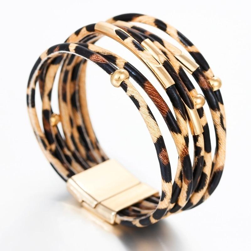 New Fashion Elegant Multilayer Leopard Leather Wrap Wide Bangles Bracelets for Women Jewelry Gifts
