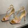 Fashion Pink Bling Cross Tied Brand Heeled Sandals Women Fashion Square Toe Ankle Buckle Design Slide Sandals Luxury Party Dress Shoes