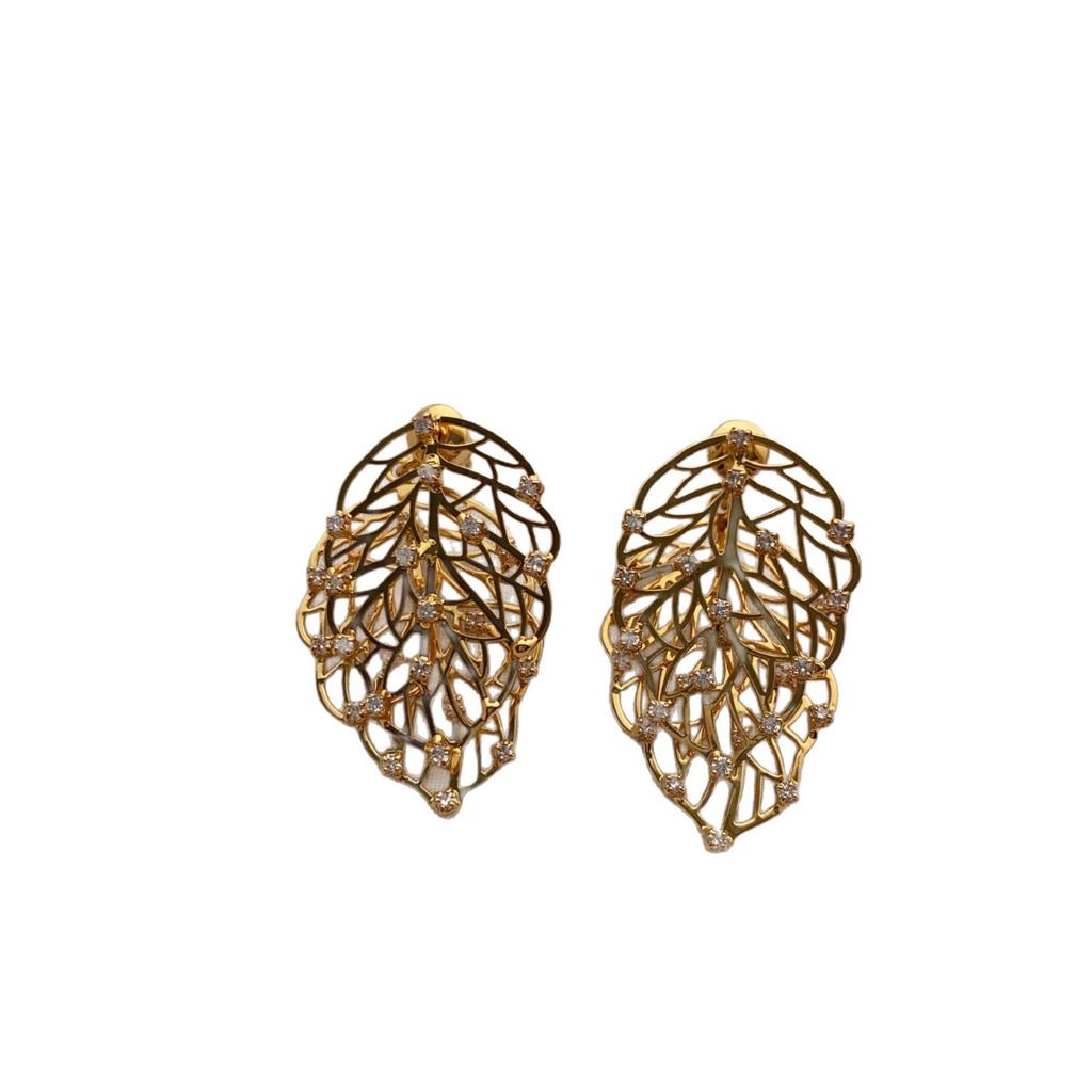 French Retro Niche Unique Design Earrings, Two Leaves Overlapping Zircon Dotted Earrings, Fashionable Commuter Women