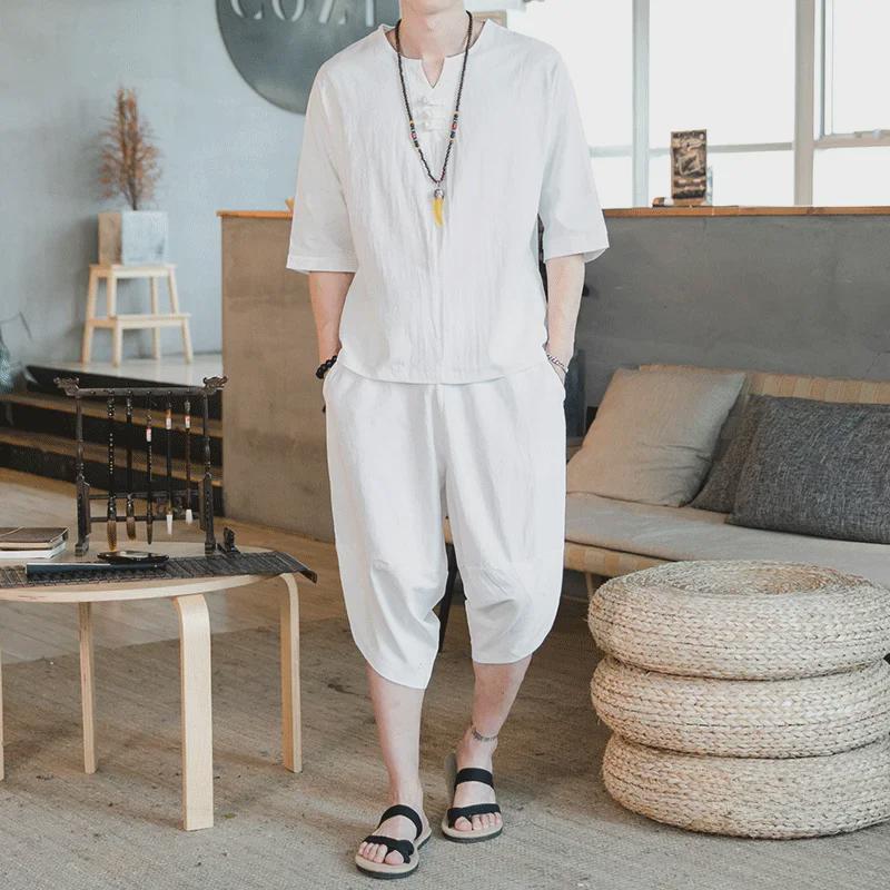 Men's Chinese-Style Cotton Linen Two-Piece Suit - Casual Loose-Fit Harem Pants with Short-Sleeved Top