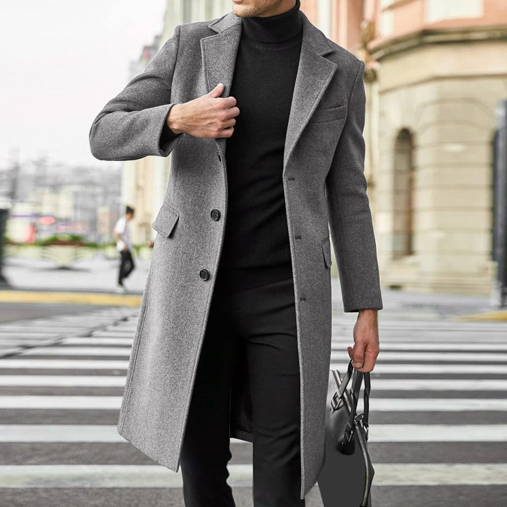Mens Single Breasted Trench Coat Winter Wool Blend Oversized Warm Lapel Work Business Jacket Outerwear