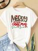 (Asian Size) New Year T Clothing Short Sleeve T-shirts Print Merry Christmas Leopard Cute Letter O-neck Women's Top Fashion Holiday Graphic Tee