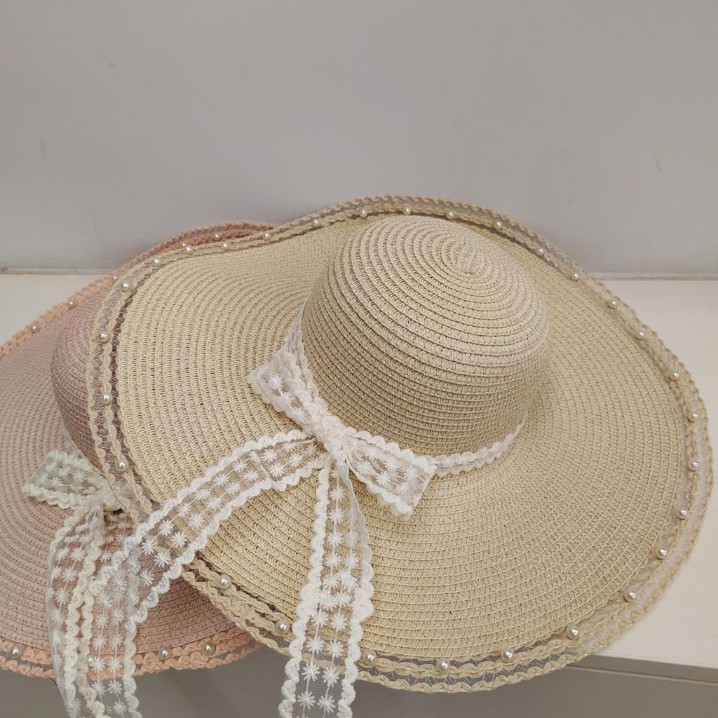 Summer New Sun Hat Bow Grass Hat Sun Protection Vacation Lace Travel Hat Beach Fashionable Fisherman Hat