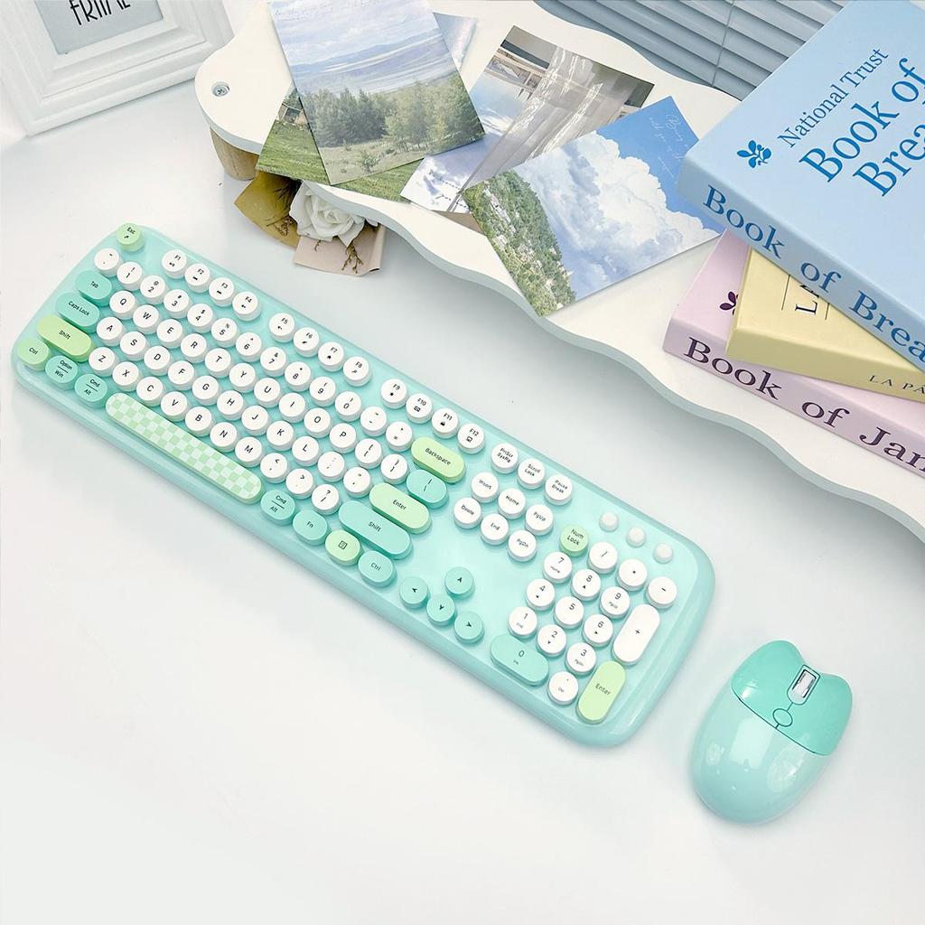 2.4G Wireless Keyboard and Mouse Aggregation: Retro - Round - Shaped Wireless Keyboard, Spanish - Themed Gaming Keyboard and Mouse Set - Up