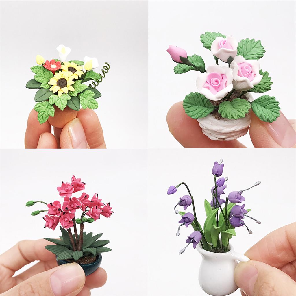 (Precious memory)Mini Dollhouse Miniature Green Plant Flower In Pot Fairy Garden Accessory