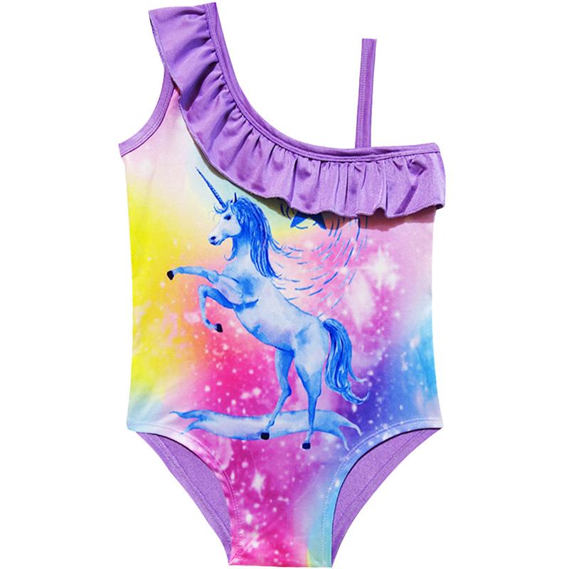 Girl Bathing Suit Unicorn 3d Cartoon Printed Ruffle One Piece Monokini Children Beach Party Swimwear