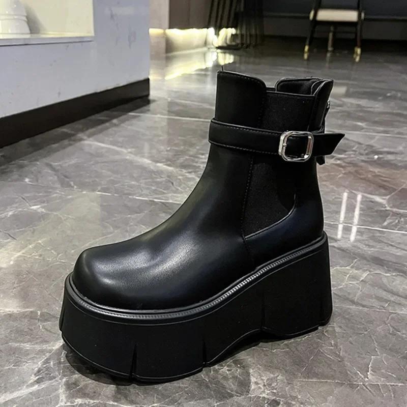 High Platform Ankle Boots Women Chunky Heel Chelsea Boots PU Leather Back Zip Belt Buckle Design Black Short Boots Botas Mujer
