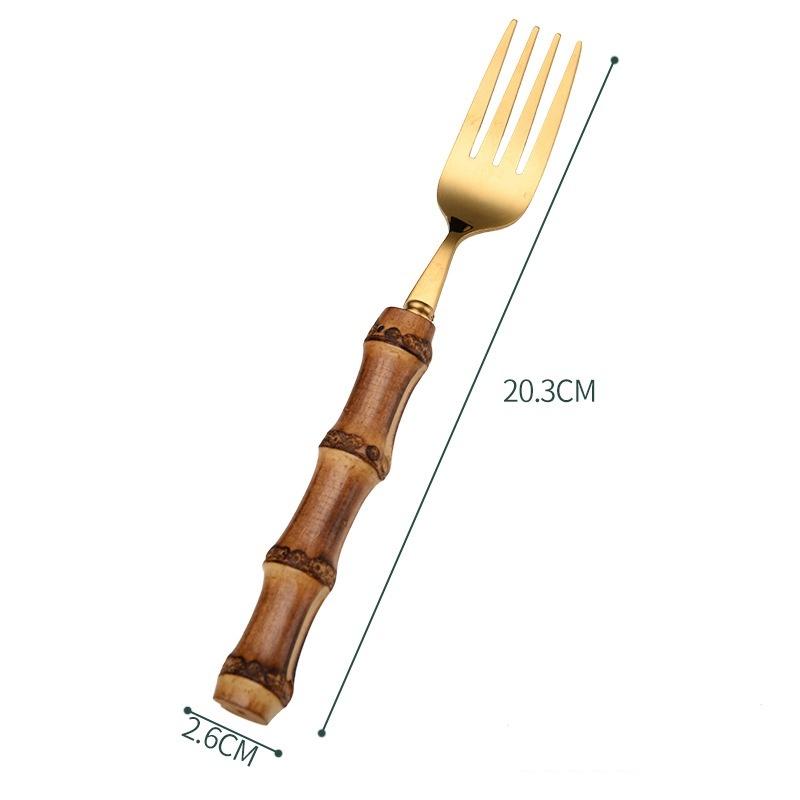 Hi Bamboo Handle Stainless Steel Cutlery Set Wooden Spoon and Fork Set Knife Minimalist Gold