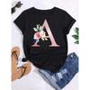 Letter Combination Fashion Women's T-shirt Pink Flower Letter Font A-Z Short Sleeved Top Black T-shirt Women