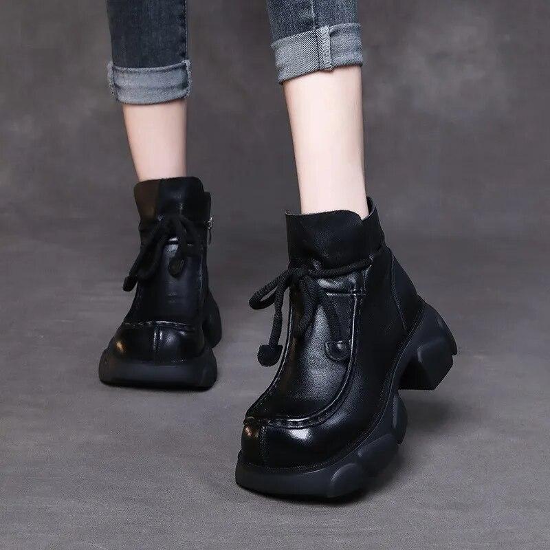 Johnature Retro Genuine Leather Platform Short Boots Women Shoes Thick Soled Square Toe Boots