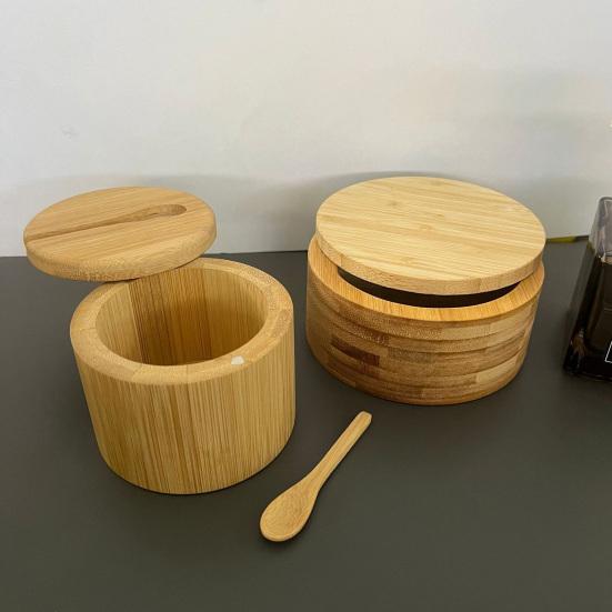 Bamboo Seasoning Storage Box with Magnetic Swivel Lid Wooden Salt Cellar Pepper Sugar Spice Holder Round Container Bowl Kitchen Gadgets