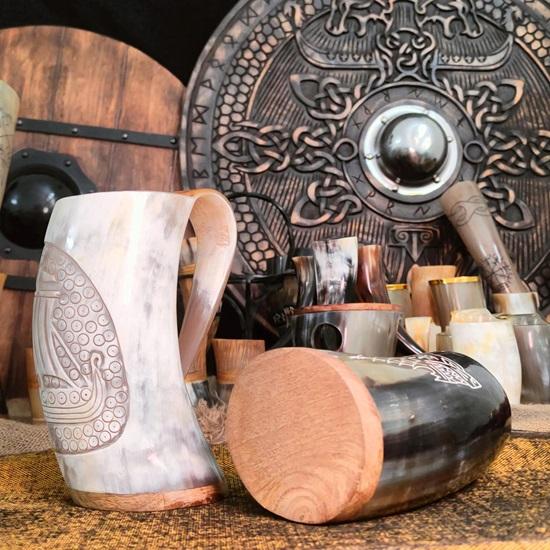 Set of 2 Viking Horn Mug Set Wooden Base Option Medieval Mead Ale Drinking Cup Gift for Him, Her, Christmas, Birthday