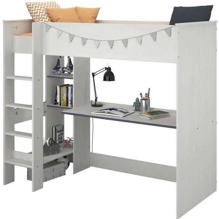 PARISOT JIM Contemporary Children's Loft Bed with Memphis Pine Decor and Reversible Blue or Pink Edge - W 90 X L 200 Cm