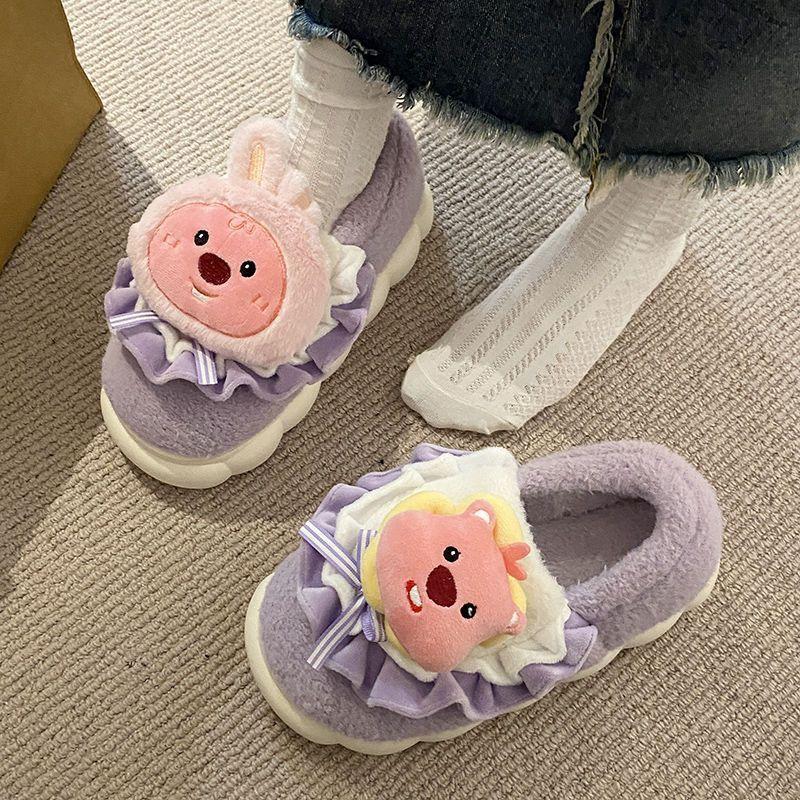 Women Slippers Cartoon Cute Cotton Slippers Thick Bottom Mute Home Warm Skin-friendly Plush Winter Fur Slippers Female Winter
