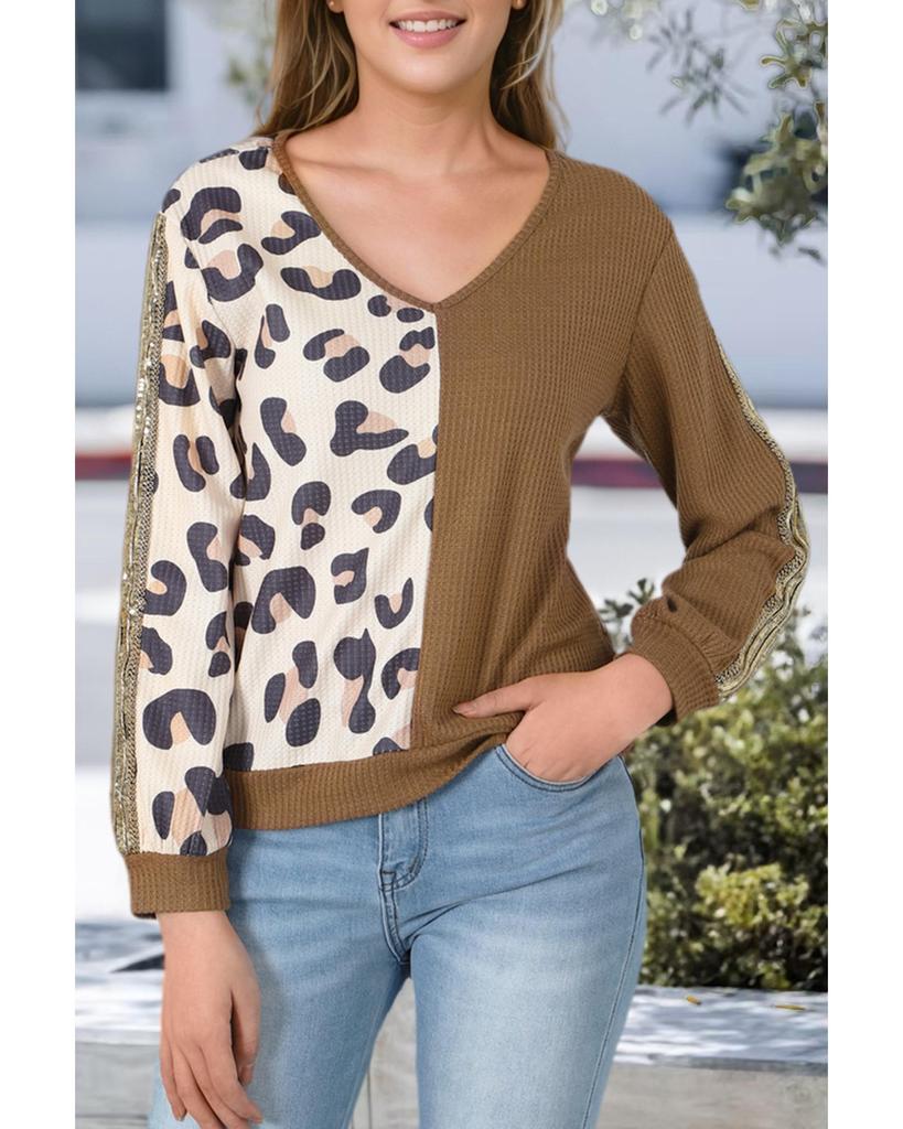 Azura Exchange Brown Leopard Splicing Waffle Knit V Neck Top