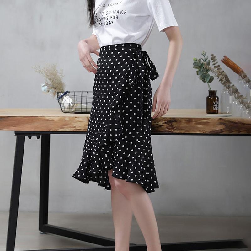 Summer Fashion Wrap Skirt Women Casual Chiffon One-Piece Lace-Up High Waist Irregular Ruffle Loose Polka Dot Skirts