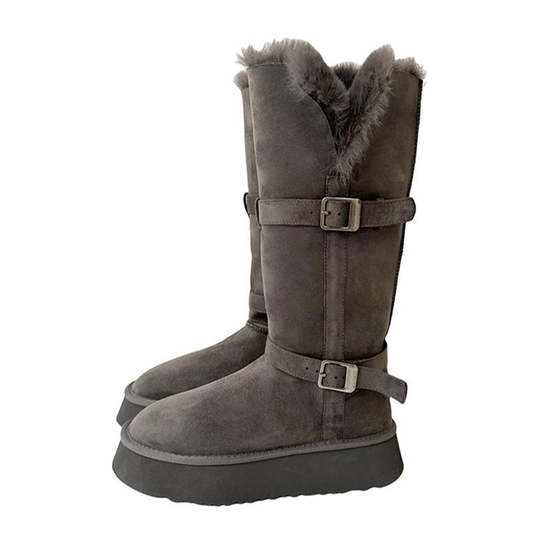 Gray Snow Boots Women's 2025 Winter New Thick-soled Heightening Piled Thickened Long-tube Snow Cotton Shoes