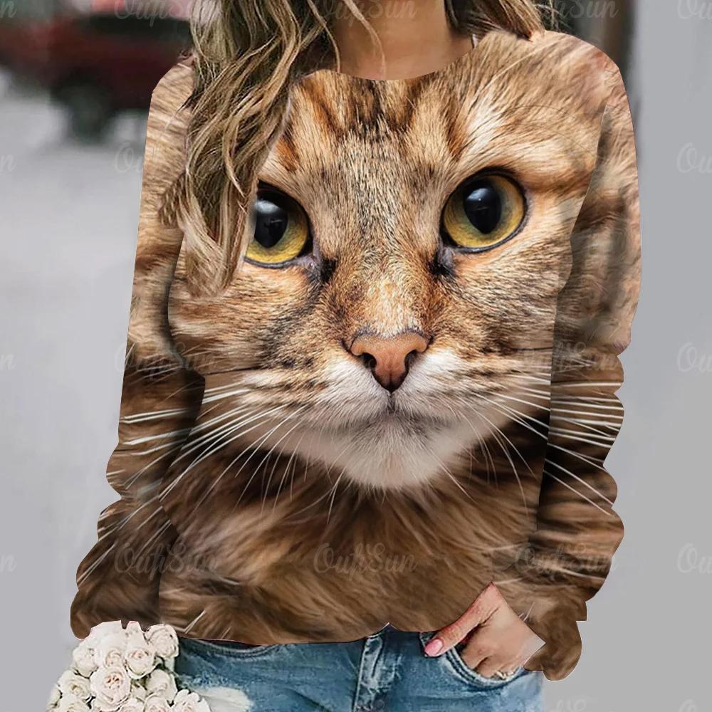 Women's Cat Big Head Cute Print Long Sleeve T-shirt Casual Loose Pullover Female Streetwear Cute Tops Fashion Trend