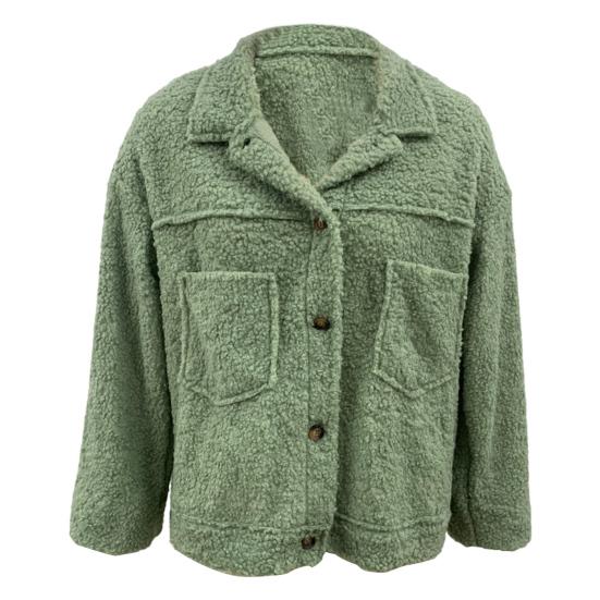 Winter Women Jacket with Double Pockets Thick Fleece Button Closure Cardigan Long Sleeves